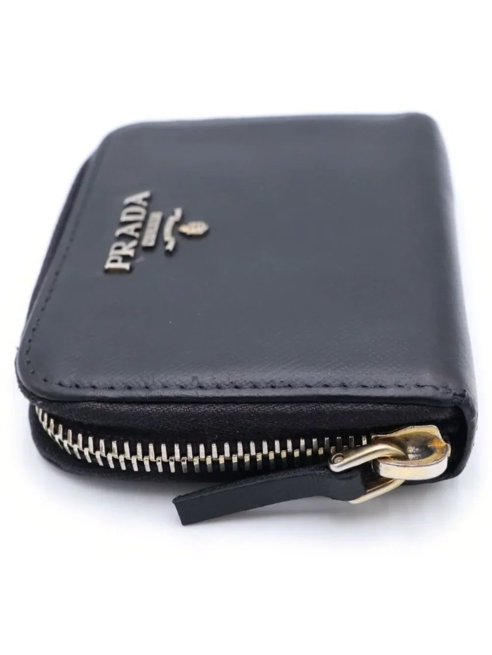 Prada Round Zip Leather Coin Case Black